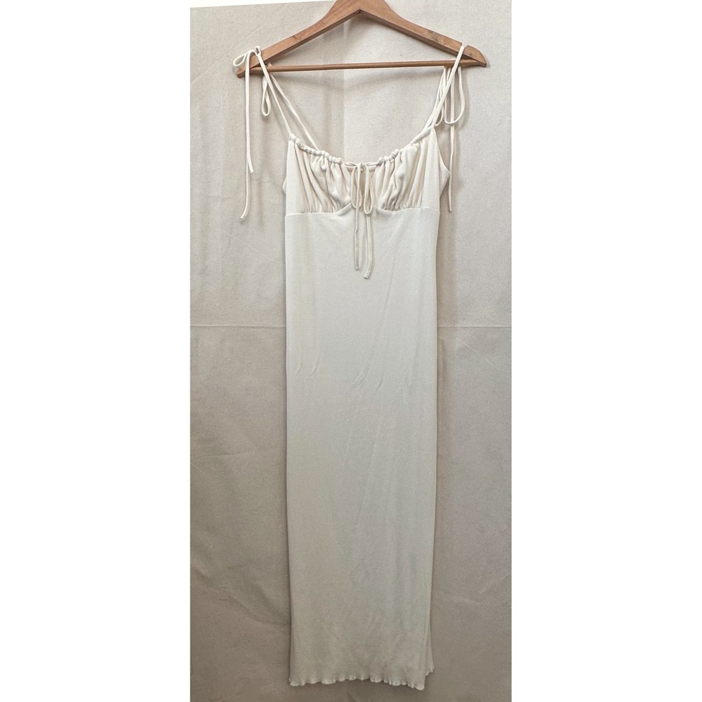 SHEIN Ribbed Tie Ruched Bust Midi Slip‎ Dress Women M Cream Milkmaid Coquette